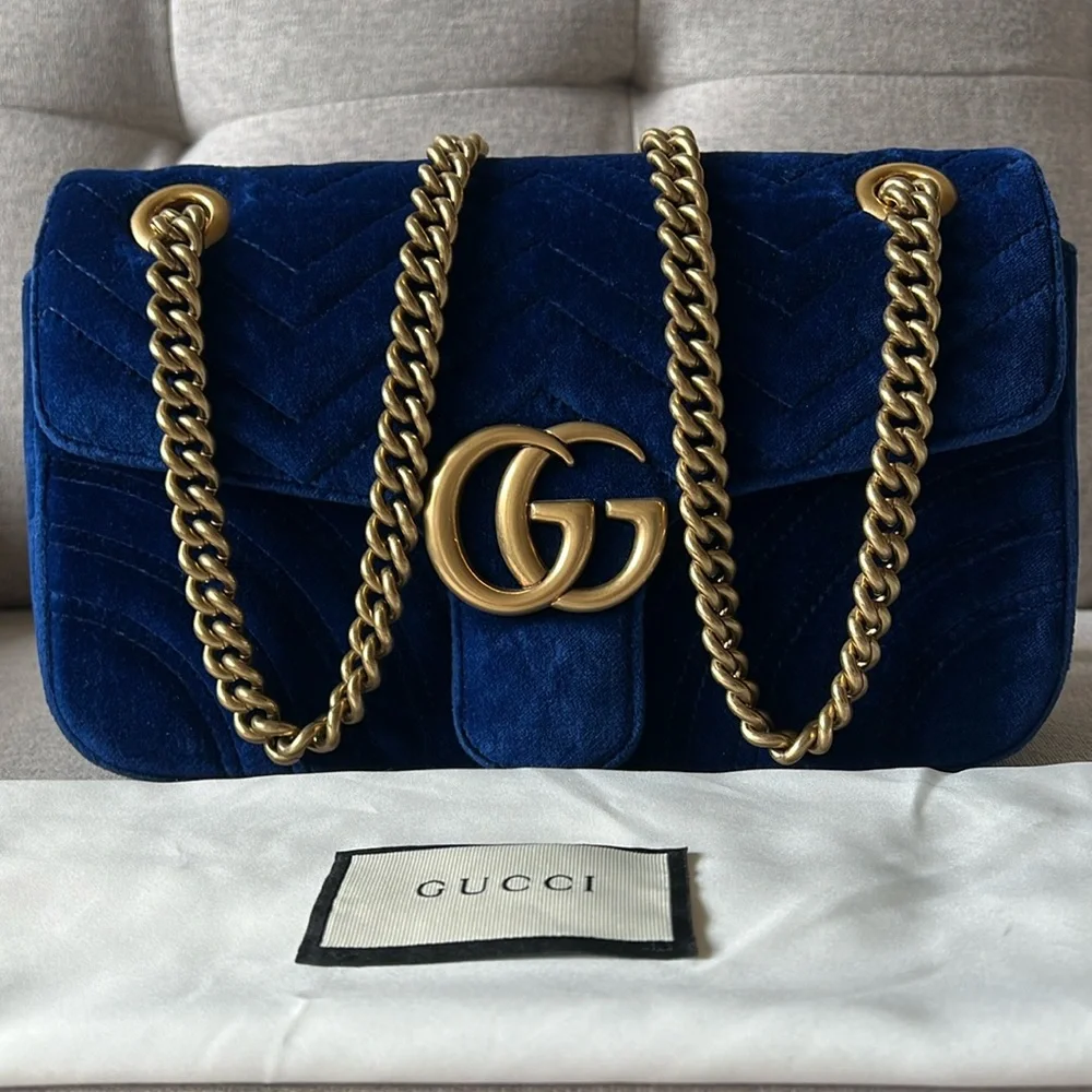 New Gucci GG Velvet Matelasse Small Marmont Shoulder Bag Cobalt Blue - Picture 1 of 17